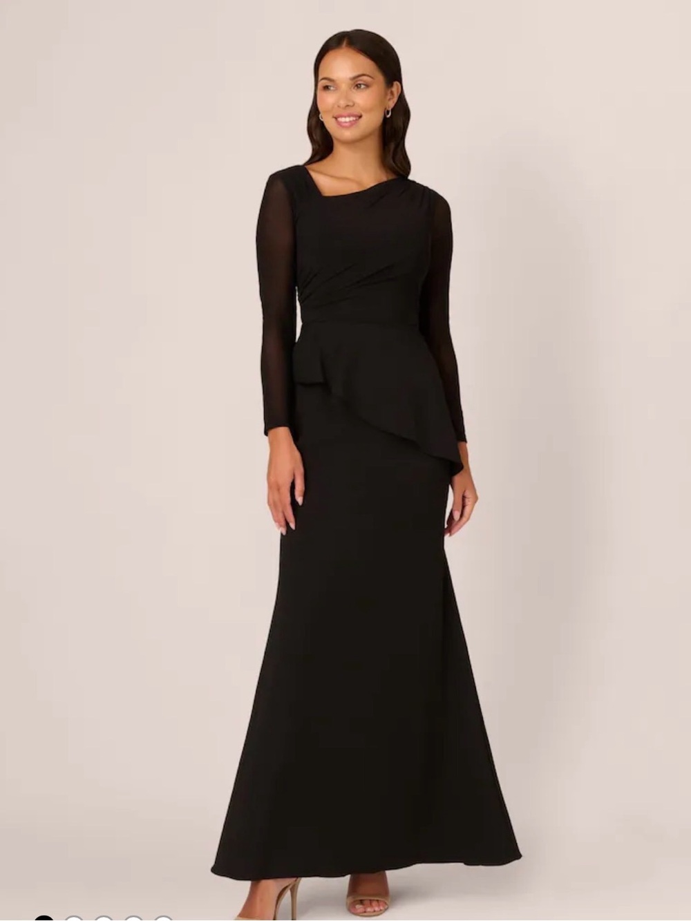 Adrianna Papell Black Knit Crepe Combo Mesh asymmetrical Gown 12